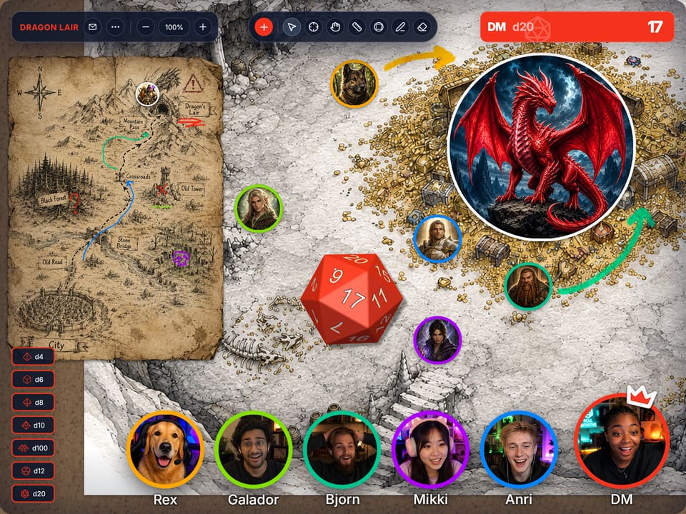 Live OtherRoom tabletop session with a dragon cave map, player video bubbles, tokens, dice, and shared controls